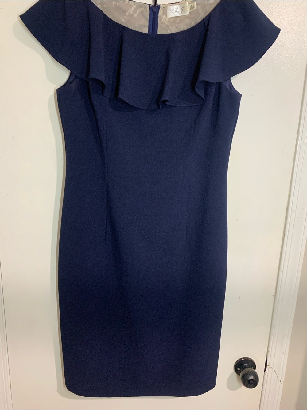 Ruffled Neck Navy Sheath Dress